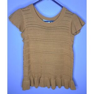 Loft Womens Mustard Yellow Pointelle Ruffle Short Sleeve Cotton Sweater Size M